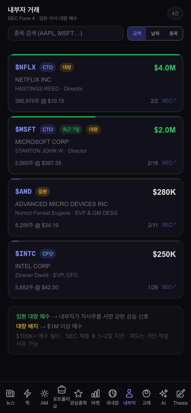 내부자 거래 화면